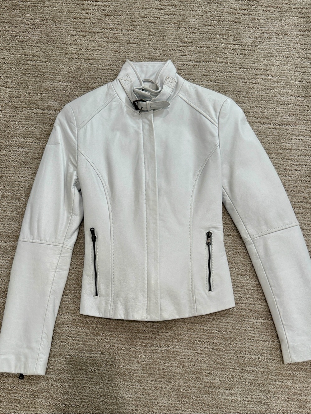 Women's Italian White Leather Zip-Front Jacket with Stand Collar